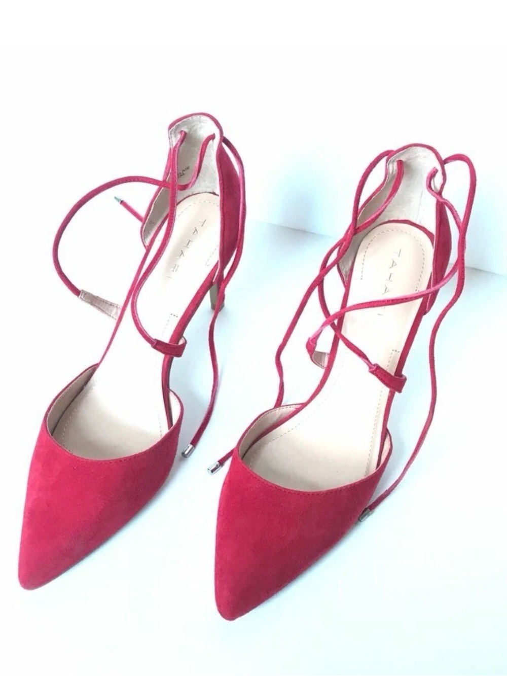 ✨♥️ Tahari Red Suede Pointed Toe Stiletto Heels Lace-Up Ankle Tie – Size 7.5M